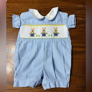 Remember Nguyen Blue Striped Baby Romper with Easter Bunny Design
